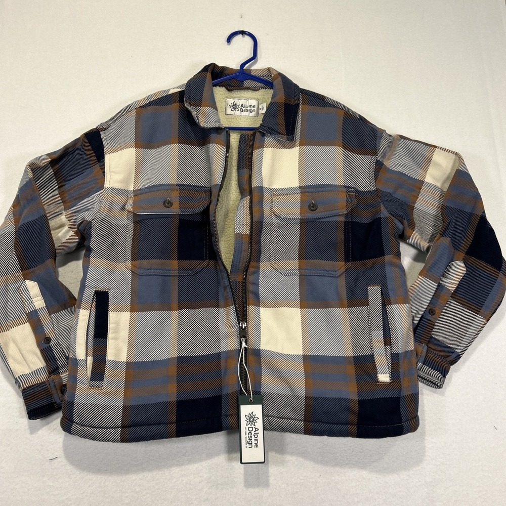 Alpine Design Womens Sherpa Lined Full Zip Plaid Shirt Jacket Blue Tan Medium